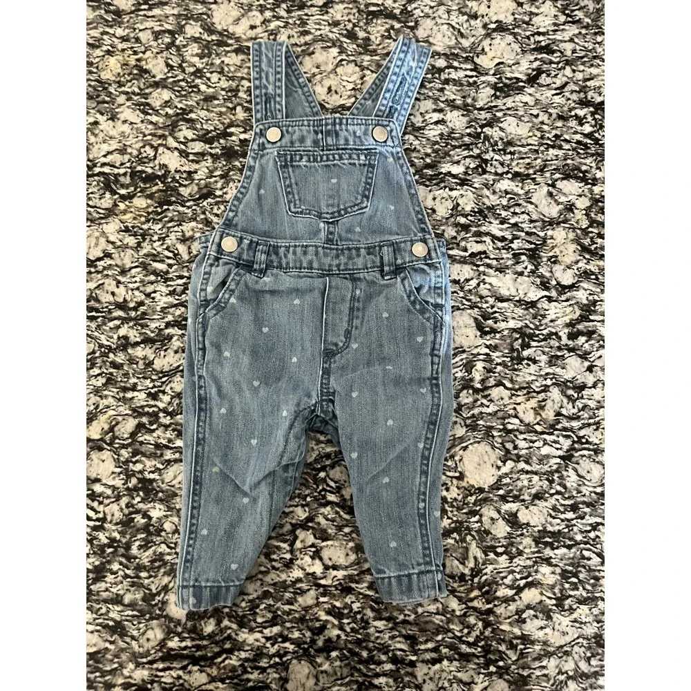 Old Navy Overall Baby Girl 6-12M Blue All Over‎ Tiny Heart Print Denim One Piece